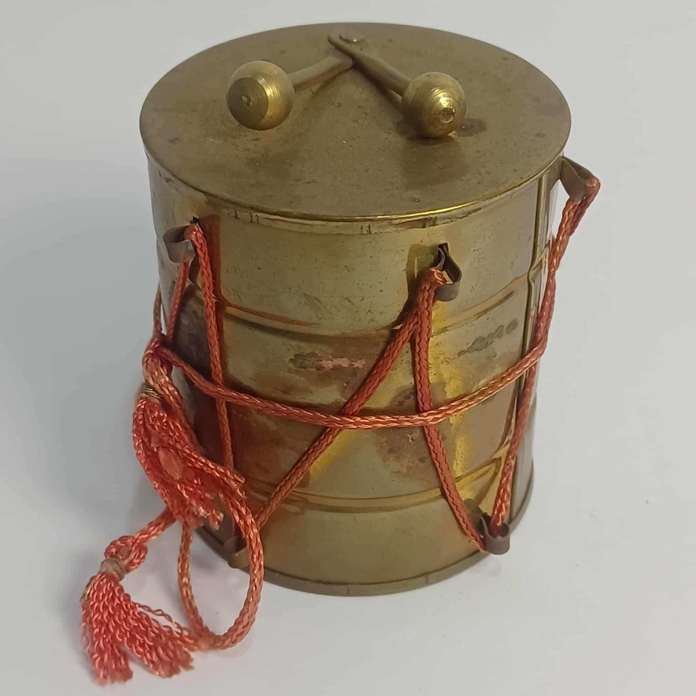 Vintage Miniature Brass‎ Drum With Batons Made In India Musical Instrument Decor